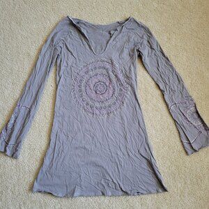 Y2K Boho Mandala Festival Rhinestone Tunic Top Long Sleeve Gray Cotton Size M